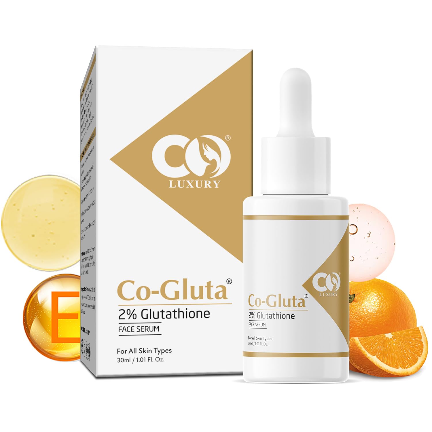 CO Luxury 2% Glutathione Face Serum for Skin Brightening & Glow | Dark Spot & Pigmentation Removal | Hydrating Anti-Acne Serum with Vitamin E | Lightweight Formula for All Skin Types | 30ml
