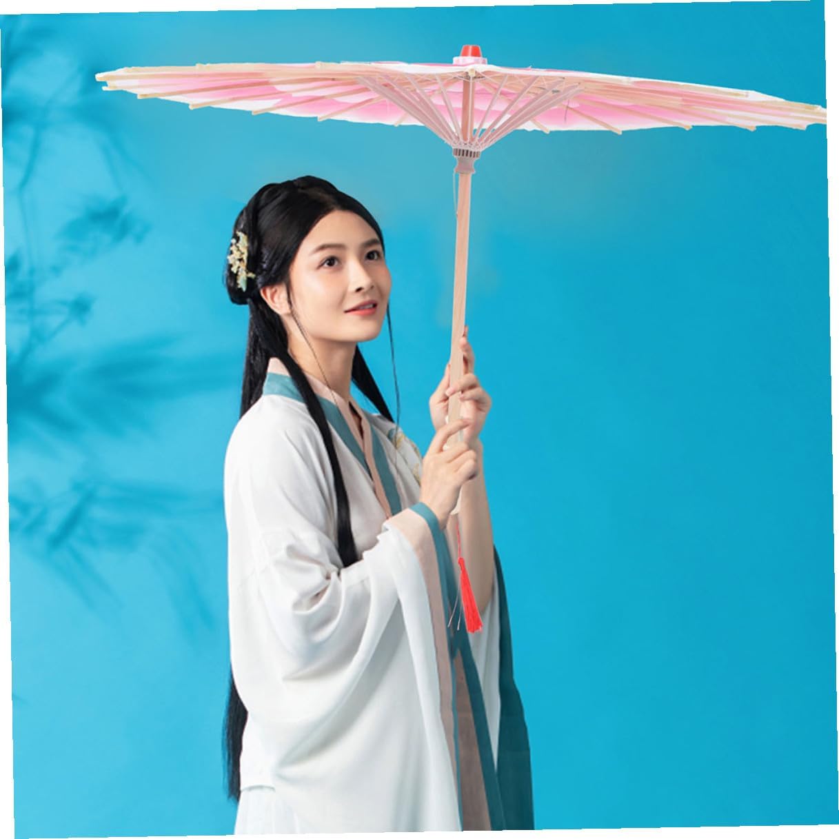 Lurrose Handmade Vintage Chinese Cloth Umbrella Peony Oil Paper Parasol Stick Umbrella for Women Photography Props Wedding Decor 82cm Diameter