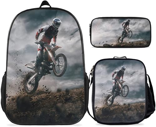 KXZOYLM Mochila de motocross para niños, mochilas escolares de motocicleta, juego de 3 piezas, bolsa escolar con bolsa de almuerzo y estuche para