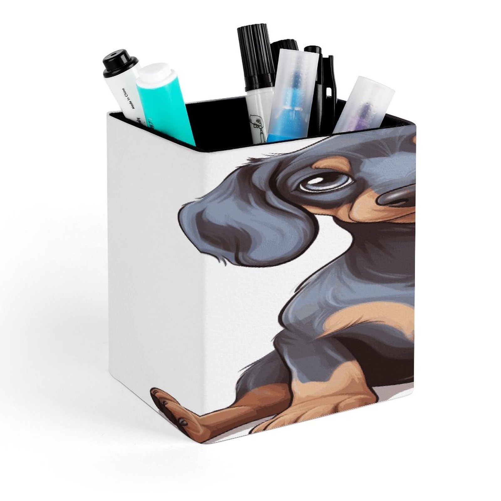 JTREHY Cute Dachshund Pen Holder Square Pen Pencil Holder Makeup Brush Holders Cup PU Leather Pencil Cups Desktop Caddy Stationery Organizer Case Office Accessories Container Box