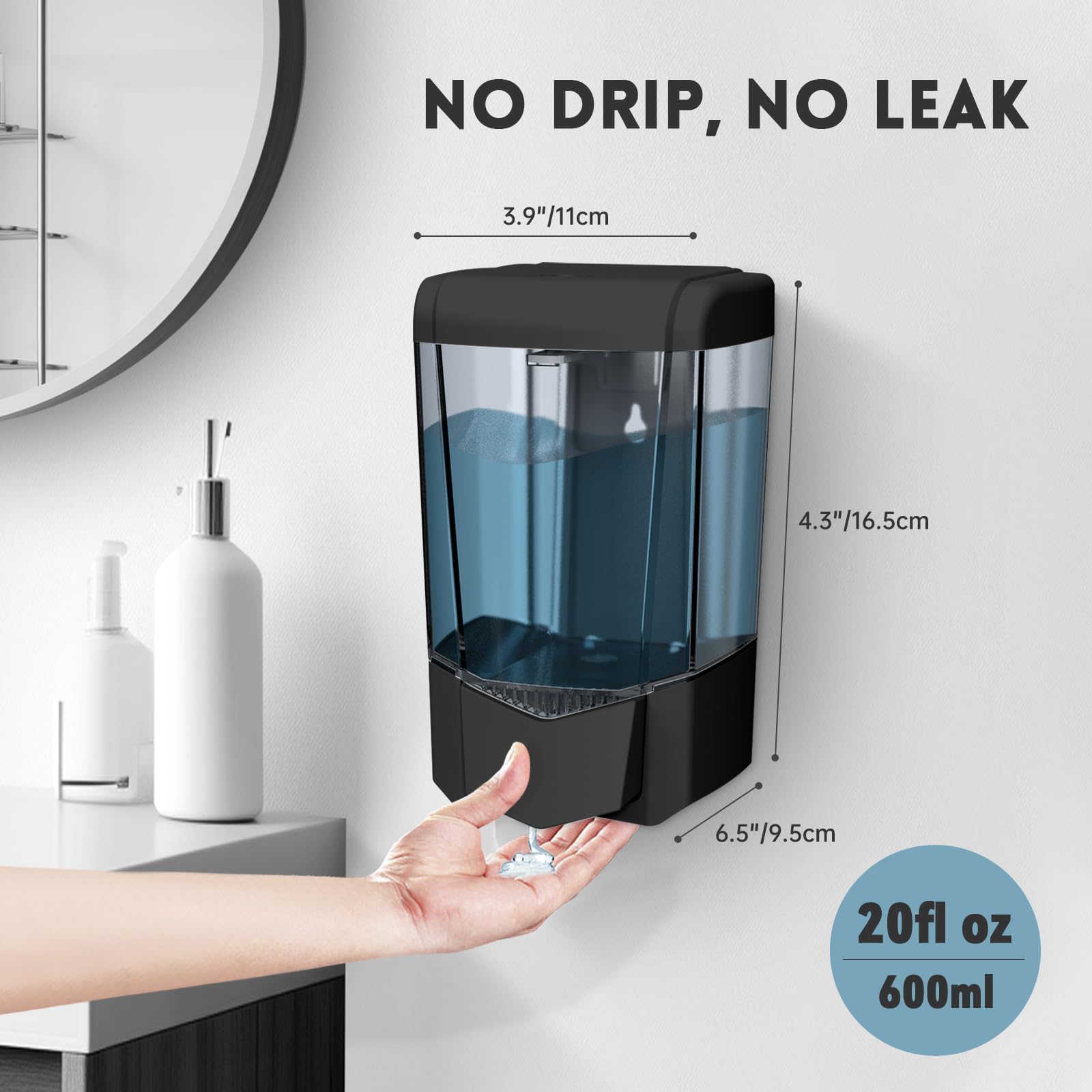 Dispensador de jabón de 600 ml, montaje en pared, sin taladro, dispensador manual de desinfectante de manos, dispensador de gel / líquido adhesivo para el hogar, centro comercial, hospital,