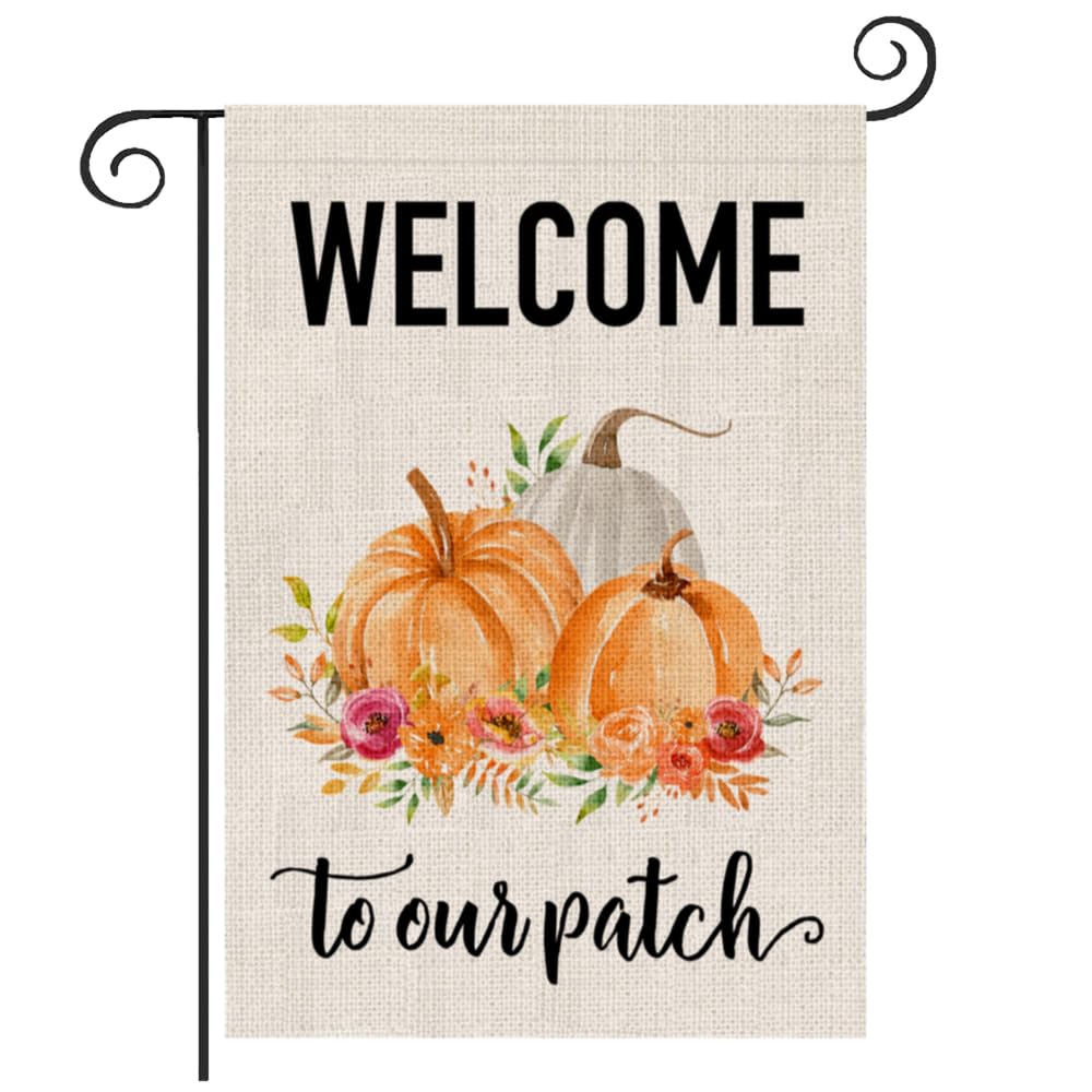PartyBuzz Welcome to Our Pumpkin Patch Fall Garden Flag 12x18 Double Sided Small Burlap Autumn Theme Decorative Yard Flag for Outside