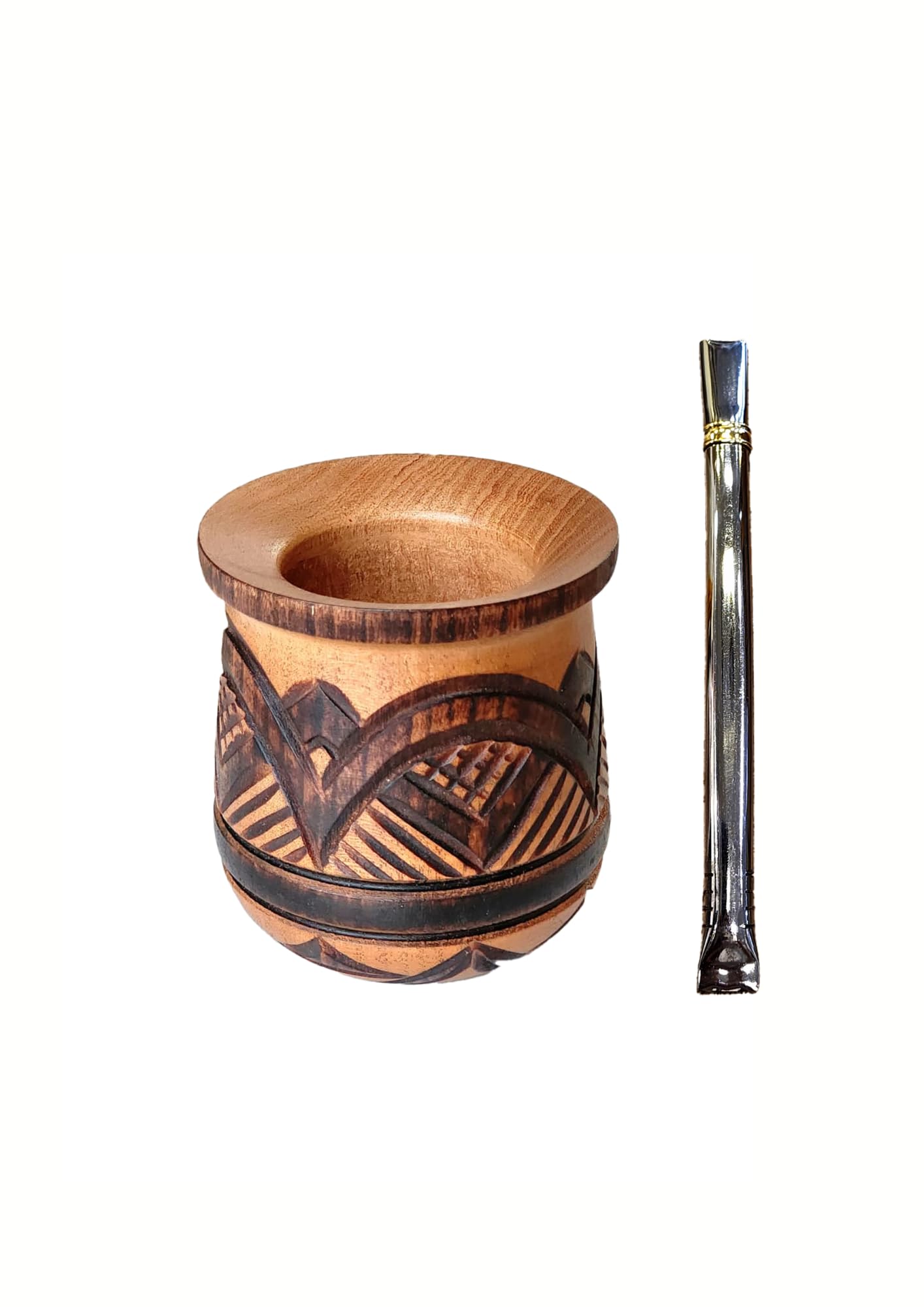 Vaso Mate Argentino Original, Hecho a mano en Madera de Algarrobo Tallado a Mano por Artesanos Argentinos Premium (Tallado a Mano)