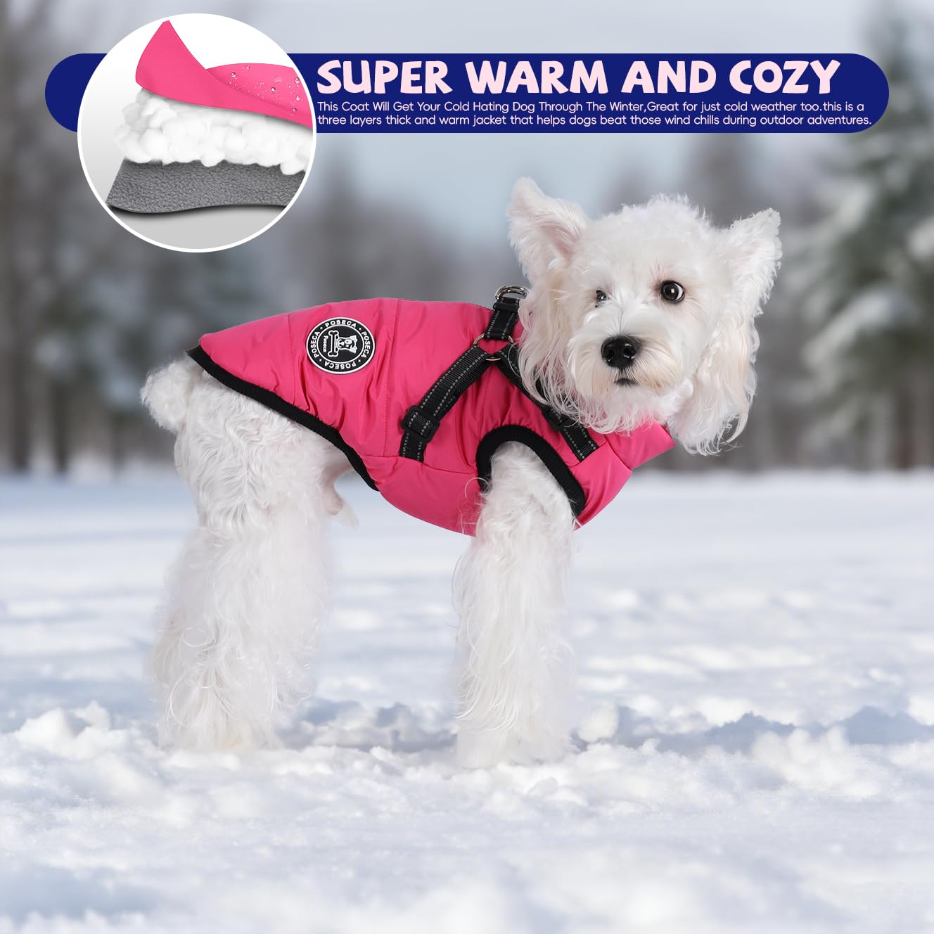 Poseca Dog Coat with Harness,Dog Coats Waterproof,Small Dog Harness Jacket,Puppy Winter Fleece Jackets,Winter Waterproof Coat with Reflective Harness and Zipper for Small Medium Large Dogs — view 7