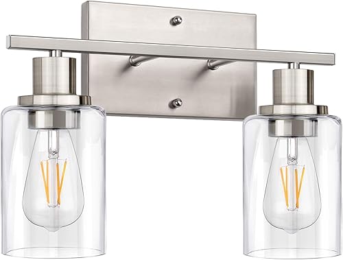 ShineTech Lámparas de baño de 2 luces, modernas luces de tocador con pantalla de vidrio transparente, luz de tocador de baño de níquel cepillado