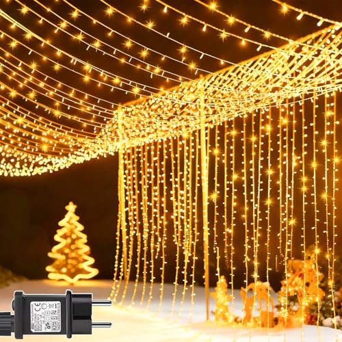yowin Cortina de luzes 600 LED, 6 x 3 m, luzes de Natal com tomada, temporizador, 8 modos impermeável em cascata luzes para exteriores, varanda jardim, terraço, vitrinas, decoração interior, - branco
