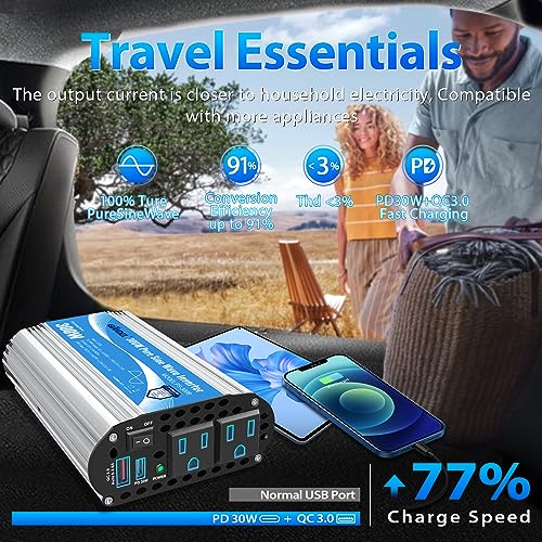 GIANDEL 300 Watt Pure Sine Wave with UL Approved Fuses 12V DC to 120V AC Car Power Inverter with USB-C PD 30W and QC3.0 USB for Starlink Tablets Laptops Smartphones