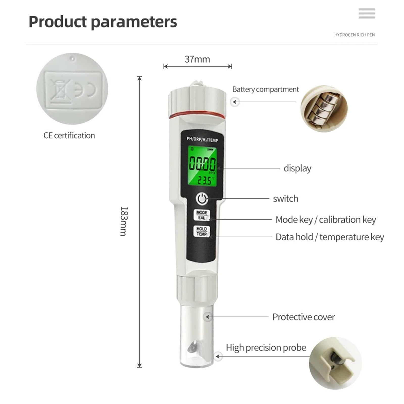 Misuratore di pH 4 in 1, tester arricchito idrogeno, retroilluminazione, ORP, H2, TEMP, penna prova portatile, rilevatore qualità acqua for acquario da piscina,Multifunzionale