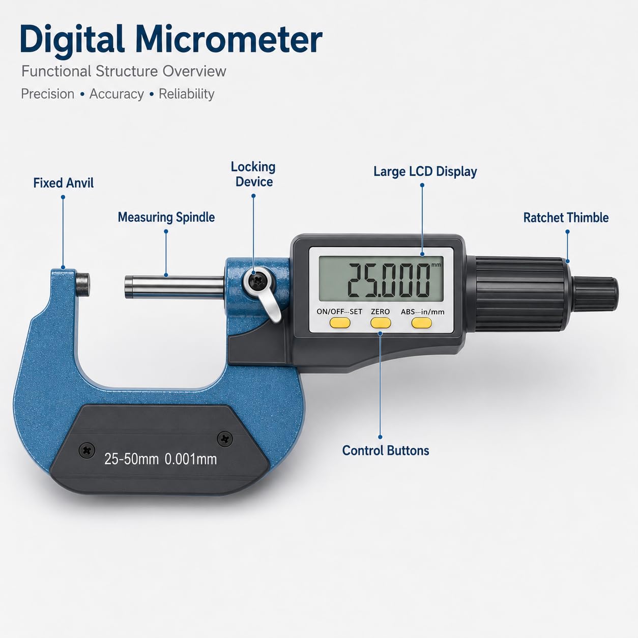 Micrometro Digitale 25‑50mm, Micrometro Esterno Elettronico LCD, Alta Precisione Micrometro Millesimale calibro Digitale Professionale Spessimetro Digitale Strumenti Di Misura, 0.001mm/0.00005"
