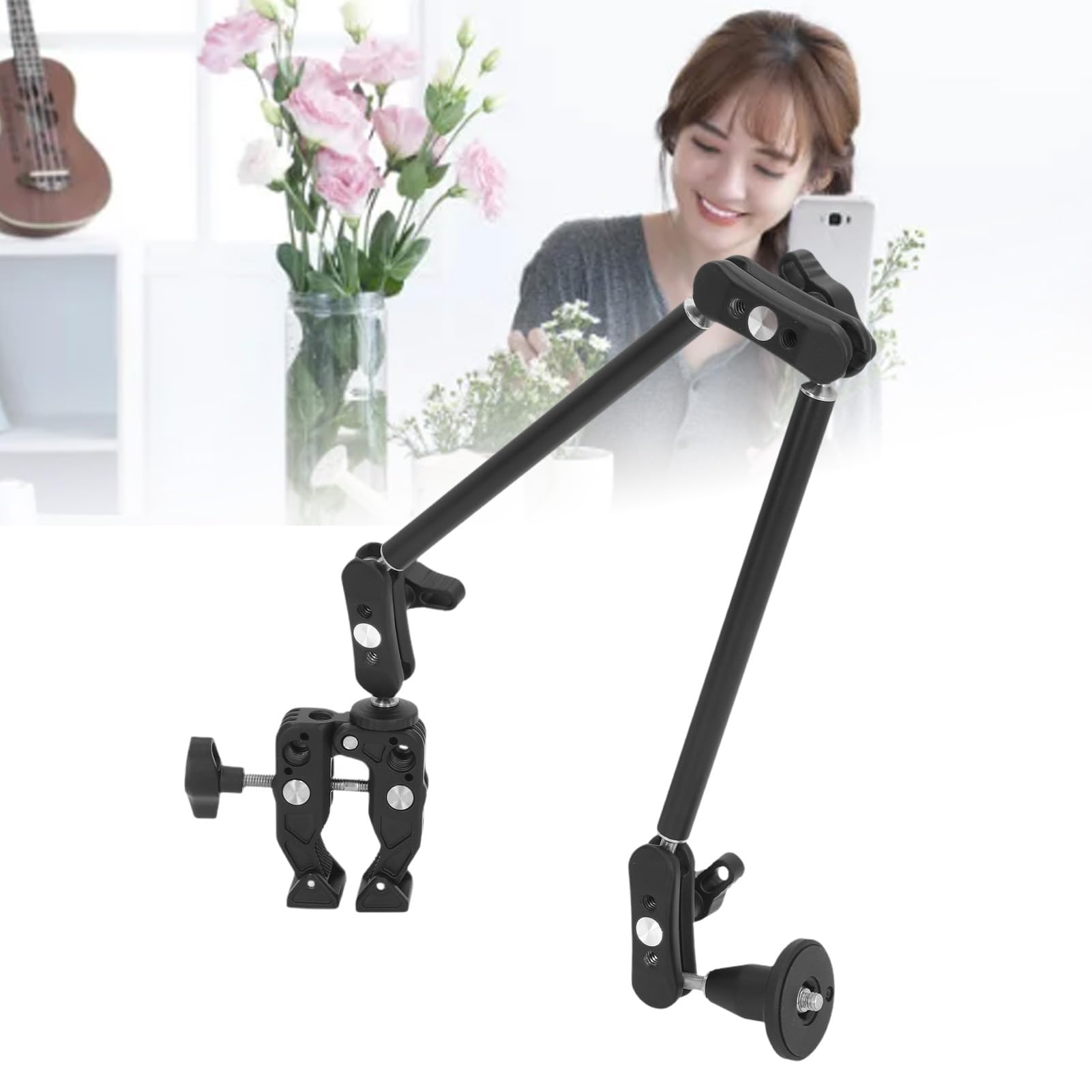Brazo Mágico Ajustable con Súper Abrazadera, Brazo Mágico Articulado con Adaptador de Cabeza de Bola Doble de Rosca de 1/4 3/8, Soporte de Cámara para Monitor, Micrófono, DSLR,