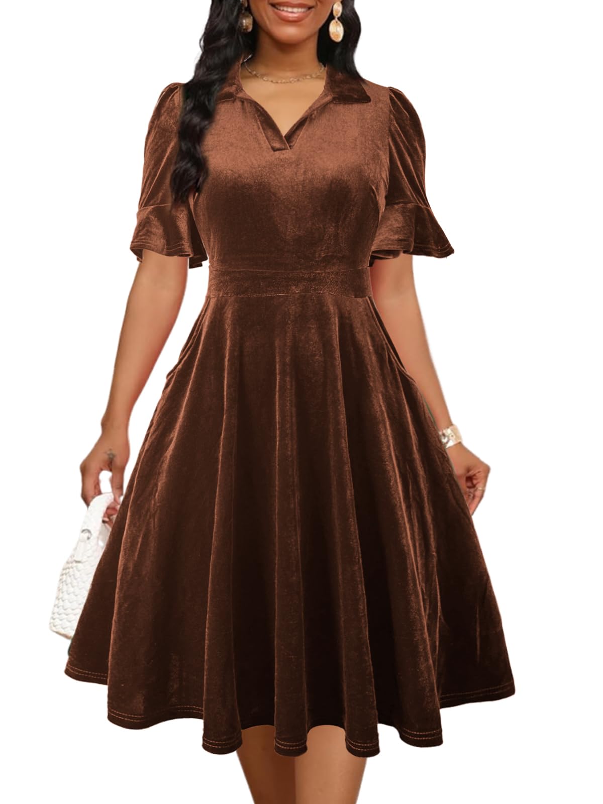 Mokayee Womens Summer Ruffle Sleeve Collared V Neck Fit and Flare Elegant A line Swing Dresses with Pockets