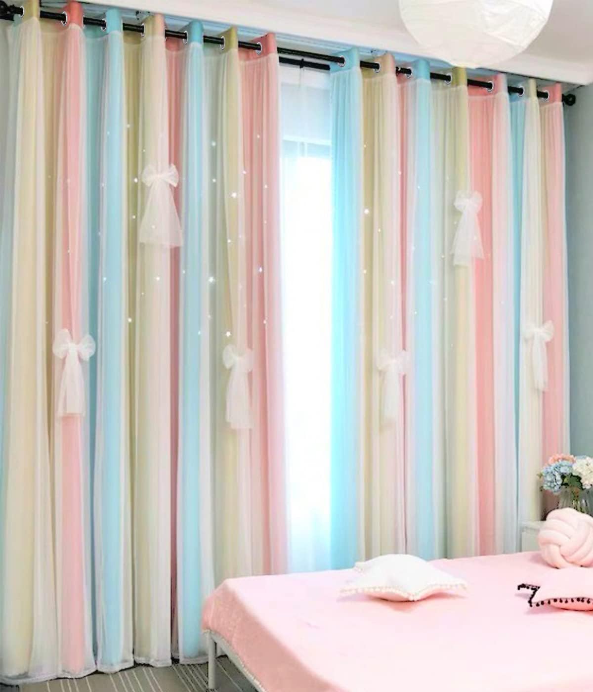 Yancorp Curtains for Girls Bedroom Kids Room Rainbow Curtains Nursery Curtain 108 inches Length Grommet Rainbow Color Decor for Playroom (Baby Pink Blue, W52 X L108)