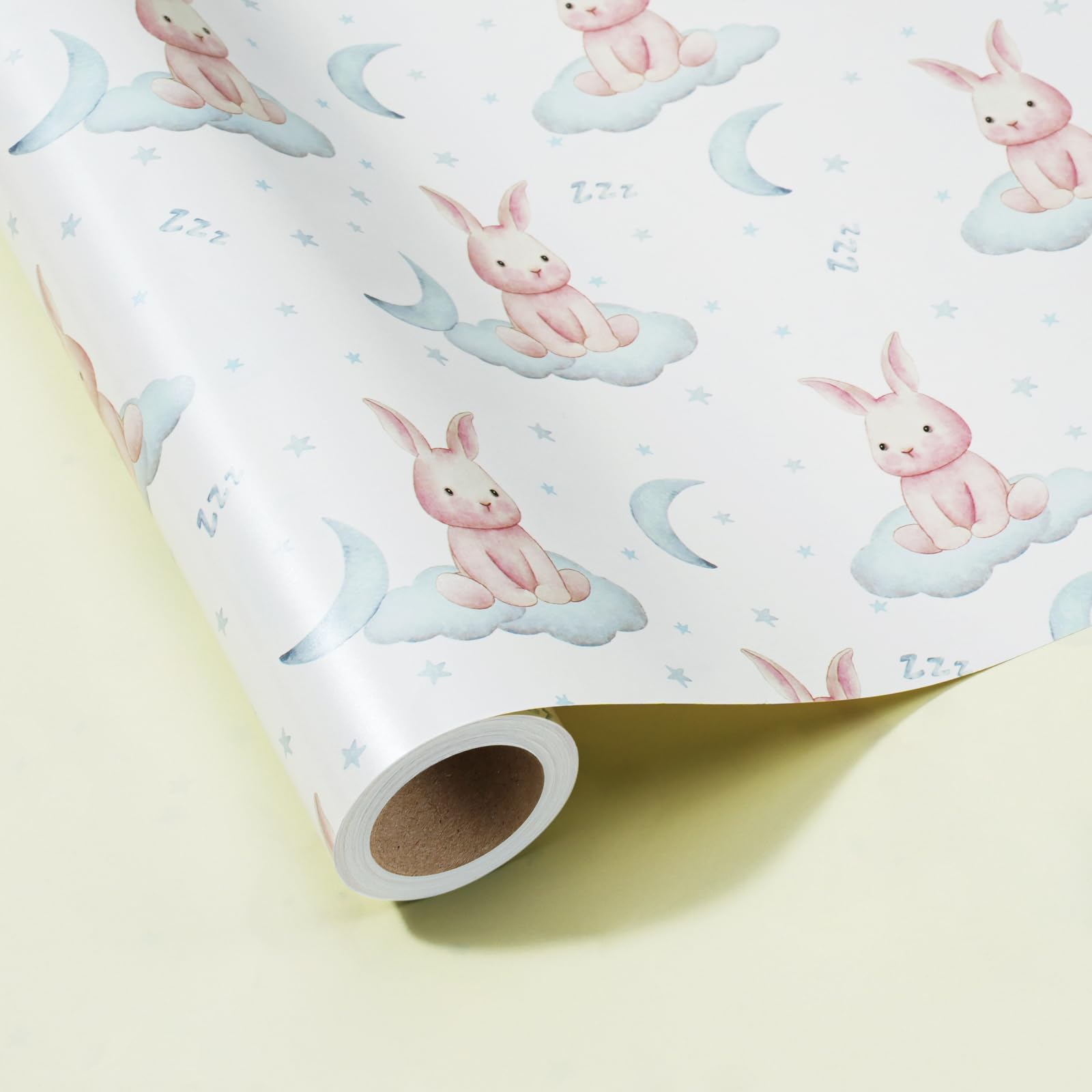 BIOBROWN Neutral Baby Shower Wrapping Paper, Reversible Pearly Lustre Bunny, Moon & Cloud Nursery Design, Gender Neutral Gift Wrap for Boys or Girls, 43cm X 10m