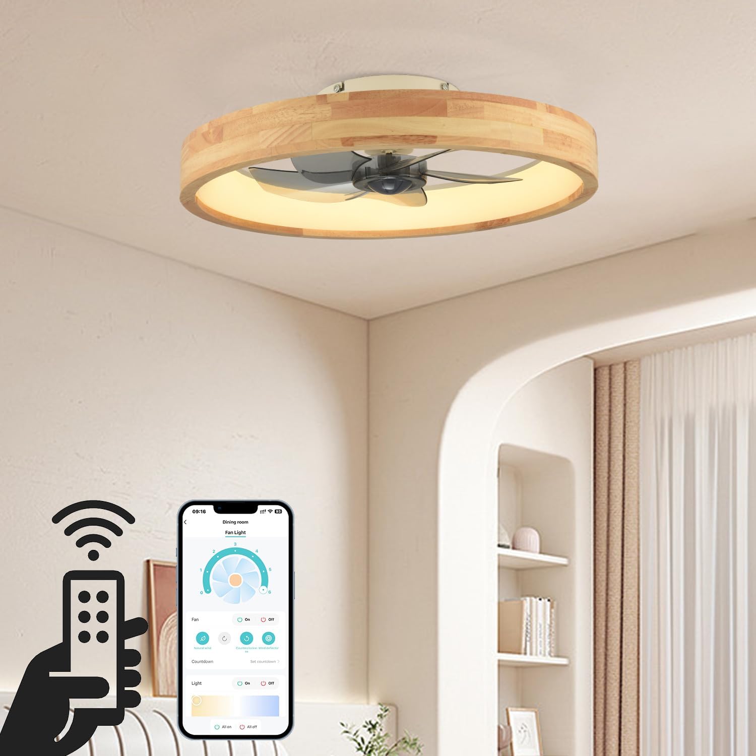 20” Ceiling Fan with Light, Dimmable LED Timing with Remote Control, 5 Invisible Reversible Blades Semi Flush Mount Low Profile Fan, Wood Wooden Frame