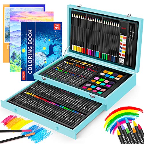 Art Supplies, iBayam 150-Pack Deluxe Wooden Art Set Crafts Drawing Painting Kit with 1 Coloring Book, 2 Sketch Pads…