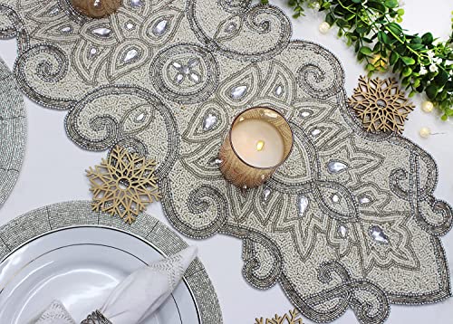 Cotton Craft Mila Scroll Handmade Beaded Table Runner - Halloween Harvest Autumn Fall Thanksgiving Holiday Christmas Xmas Celebration Festive Party Tabletop Décor Tablerunner - 16X54 Ivory & Silver #TOP3