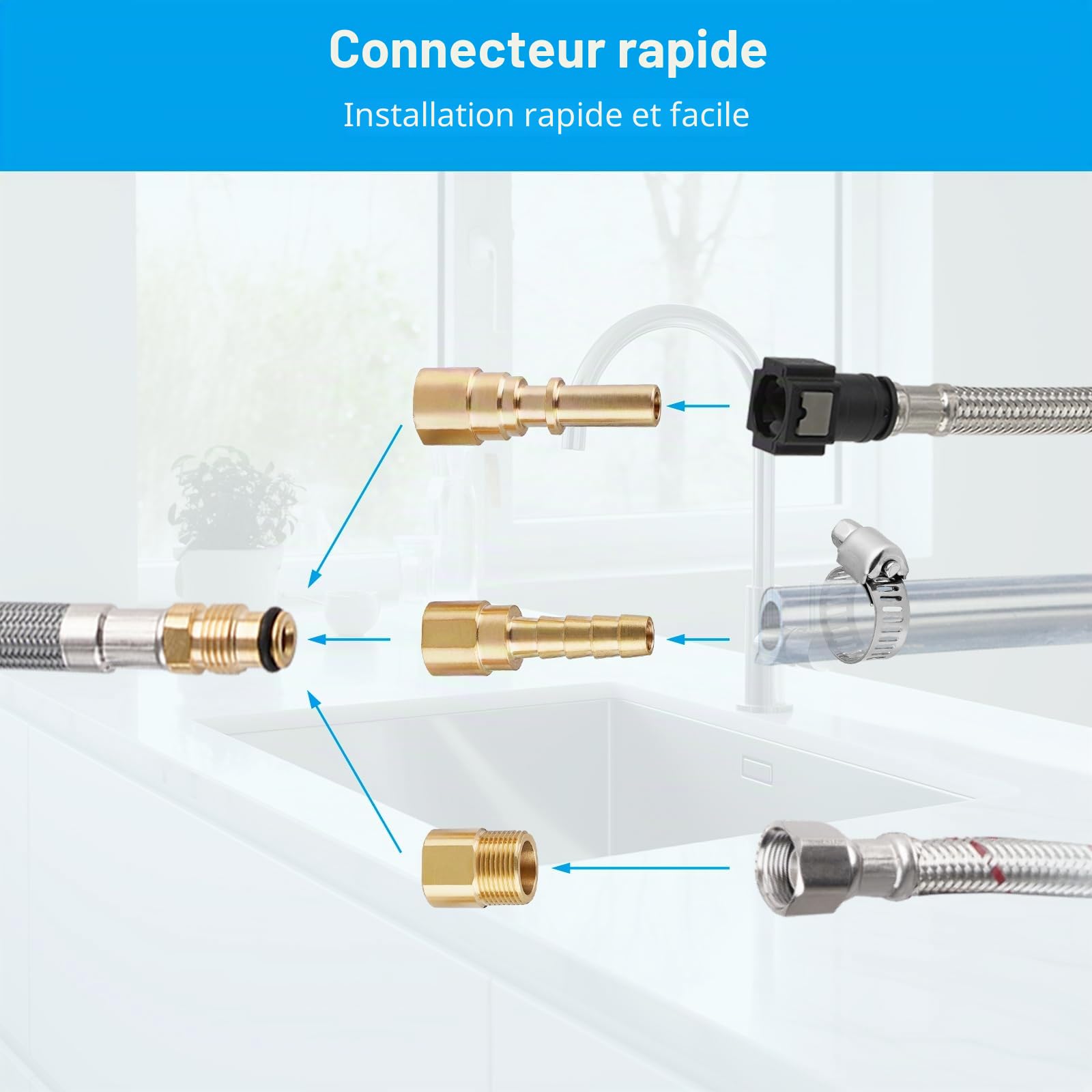 Hibbent Remplacement du tuyau du robinet à tirette compatible avec les robinets de cuisine Hansgrohe/Grohe avec 6 adaptateurs, Standard 88624000/46174000 /46092000 Model Hose Replacment,1.5m