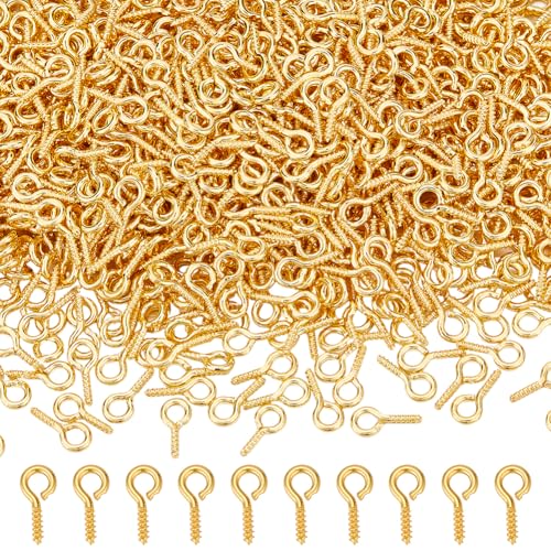 CRAFTYMELODY 1000Pcs Small Screw Eye Pin Peg Bails Cup Pearl Peg Bails Golden Eyelet Hooks Iron Eye Screws Connectors for Jewelry Making Adult DIY Half Drilled Beads Craft 0.4×0.2inch
