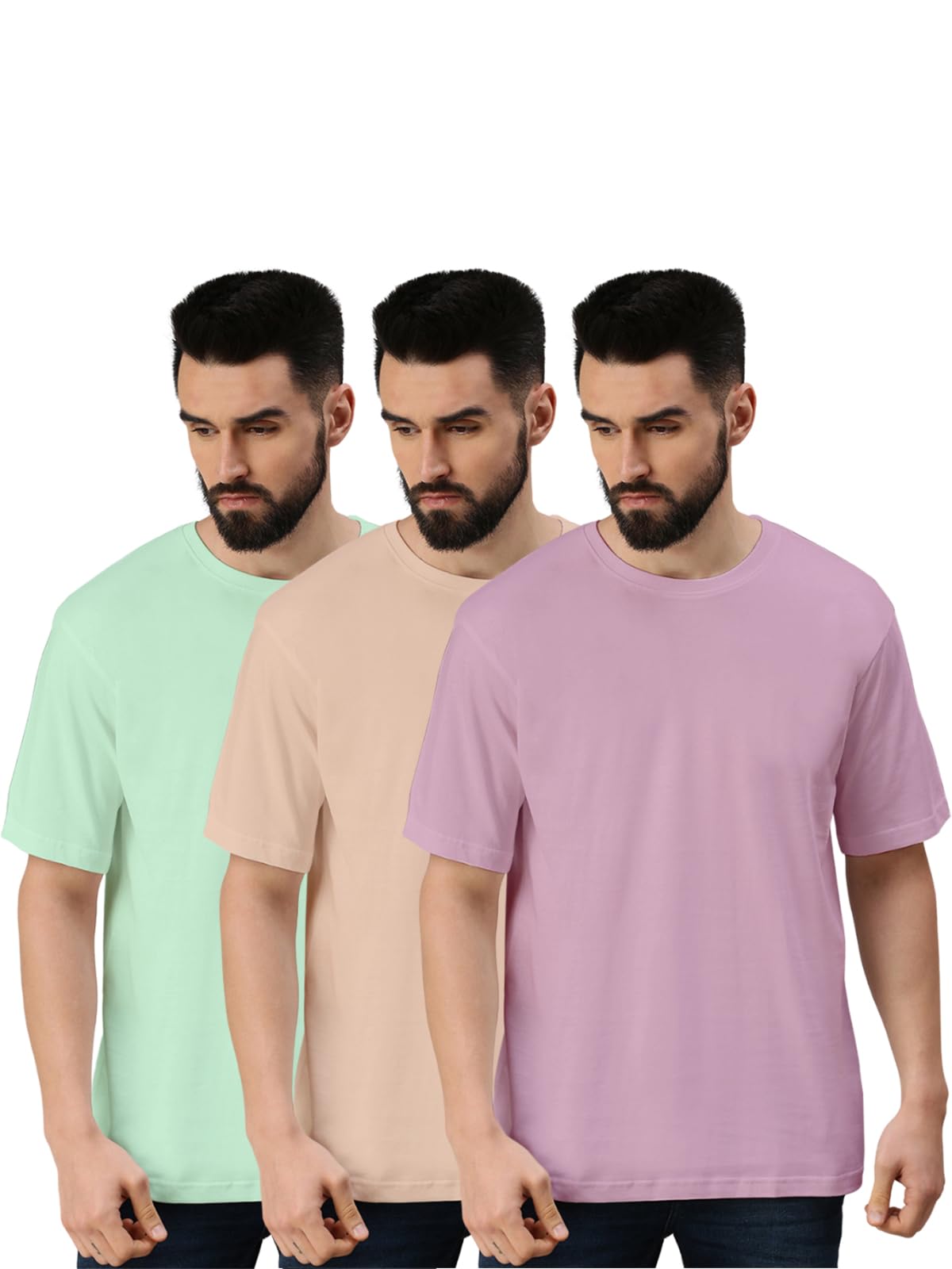 VeirdoPure Cotton Oversized Fit Half Sleeve Solid Round Neck Multicolor T-Shirt for Men (Pack of 3)
