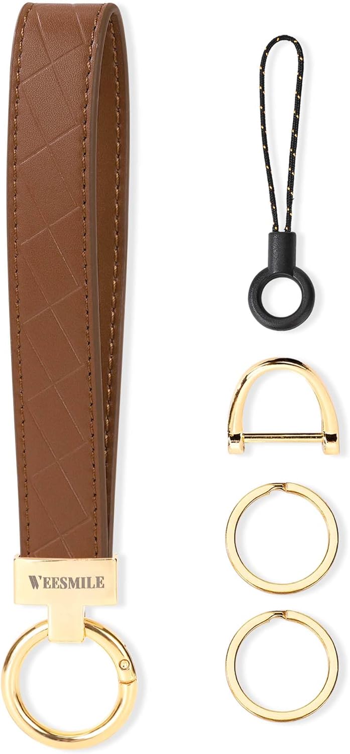 WEESMILEDIRECT Leather Wristlet Keychain Bracelet - Cute Car Key Chain with 2 Key Rings & D-Ring for Women Men