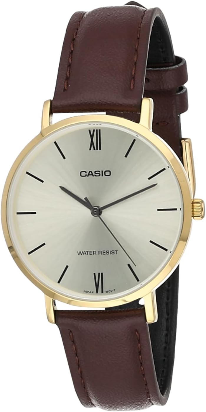 LTP-VT01GL-9B Women's Minimalistic Gold Tone Brown Leather Band Gold Dial 3-Hand Analog Watch