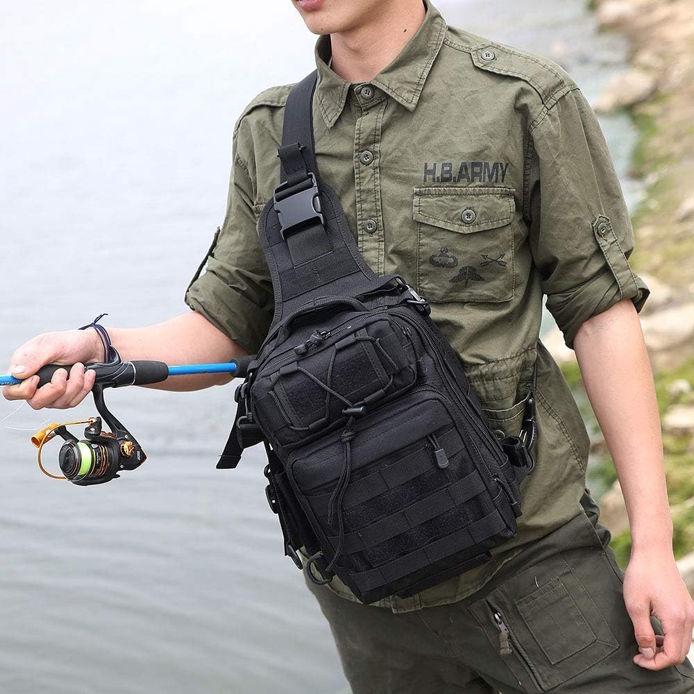 HUNTVP Taktisch Schultertasche Militär Brusttasche Wasserdicht Sling Rucksack Crossbody Bag Multifunktion mit Verstellbar Schultergurt für Sport Angeln Outdoor, Schwarz