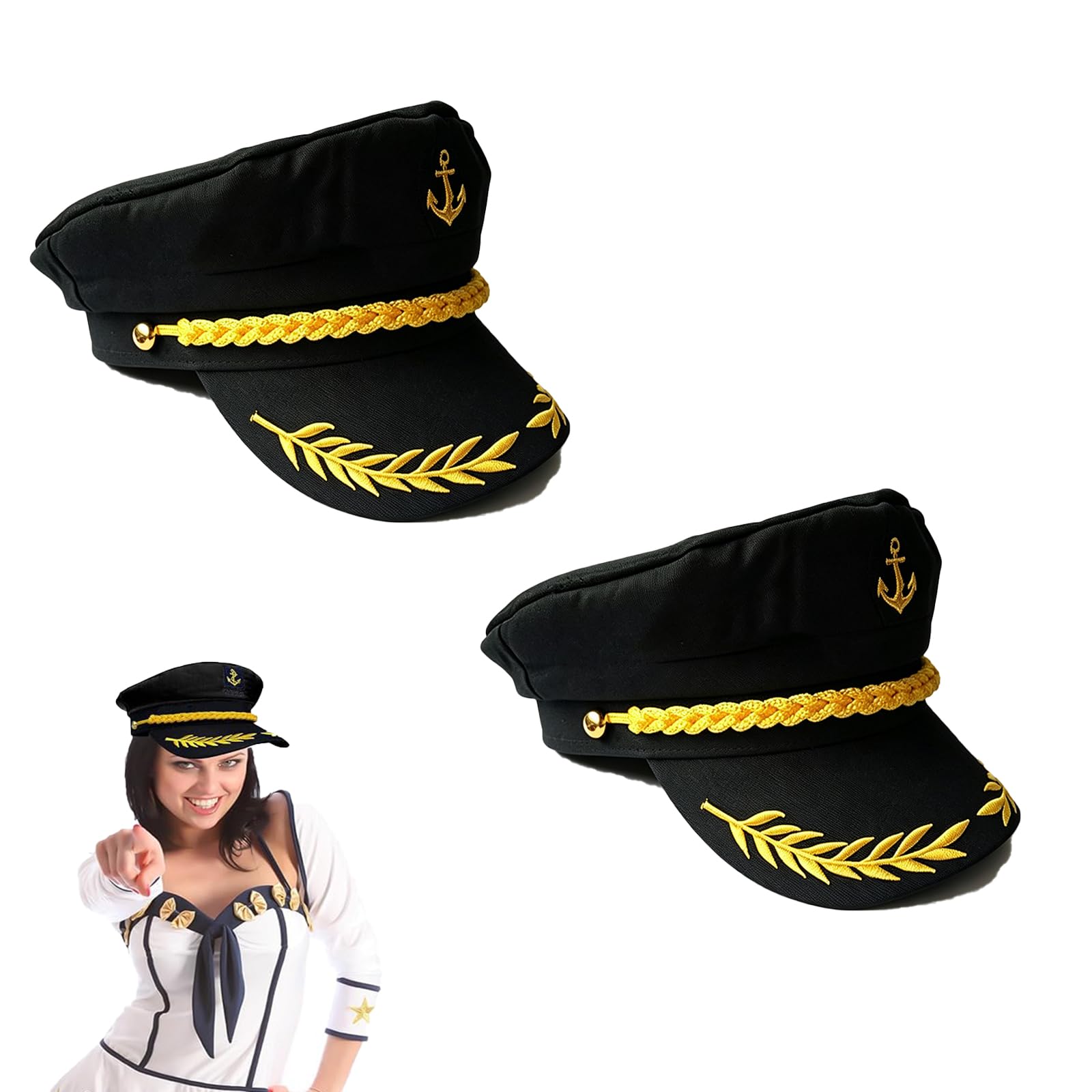 WORUIB 2 PCS Sailor Hat, Captain Hat, Black Adjustable, Black Adjustable Sailor Hat, Captain Hat For Adults, Nautical Themed Events, Costume Parties, Theatrical Performances, Boat Captain Hat