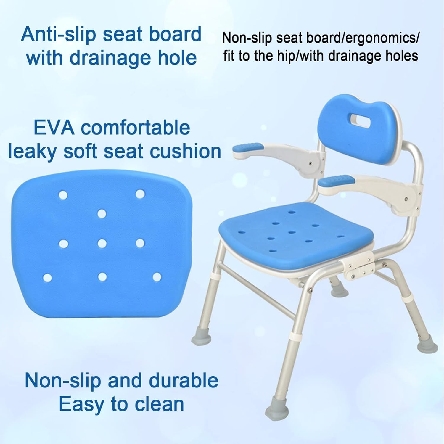 Silla de Ducha Plegable con reposabrazos y Respaldo, Silla de bañera Plegable, 5 Niveles de Altura Ajustable cojín Suave de EVA, Asiento de Ducha portátil for Personas Mayores, discapacitados