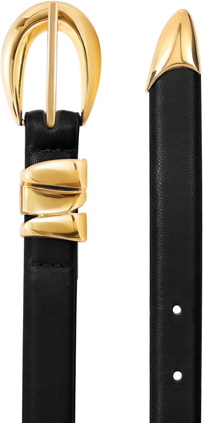 XZQTIVE Women's Skinny Leather Belts Ladies Thin Waist Belts for Jeans Dress Pants Trendy Black Belt with Gold Buckle - Image 2
