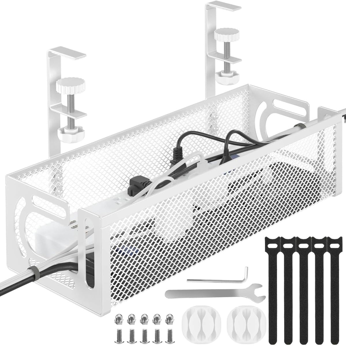 Nyganmelloz Under Desk Cable Management Tray, Waterproof & Rustproof Cable Organizer Bracket No Drill, 15.3" Cable Tray with Clamp for Desk Wire Management, Desk Cable Management Box for Office, Home