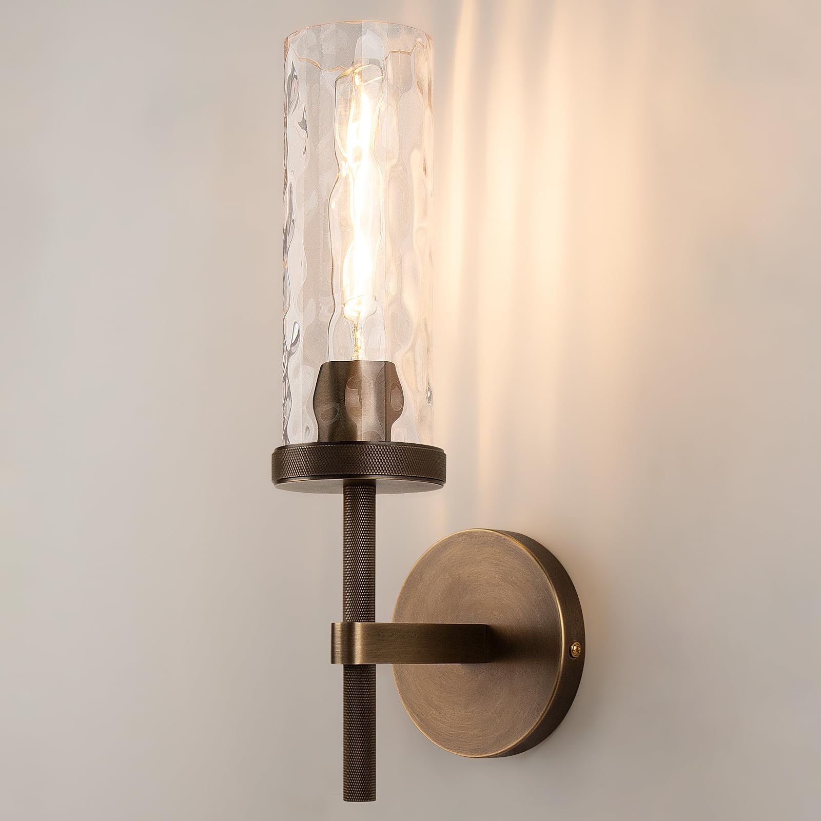 Vookea 15" Knurled Brass Wall Sconce with Water Ripples Glass Tube, Bronze Bathroom Vanity Light Fixtures, Modern Lamp Lighting for Bedroom, Living