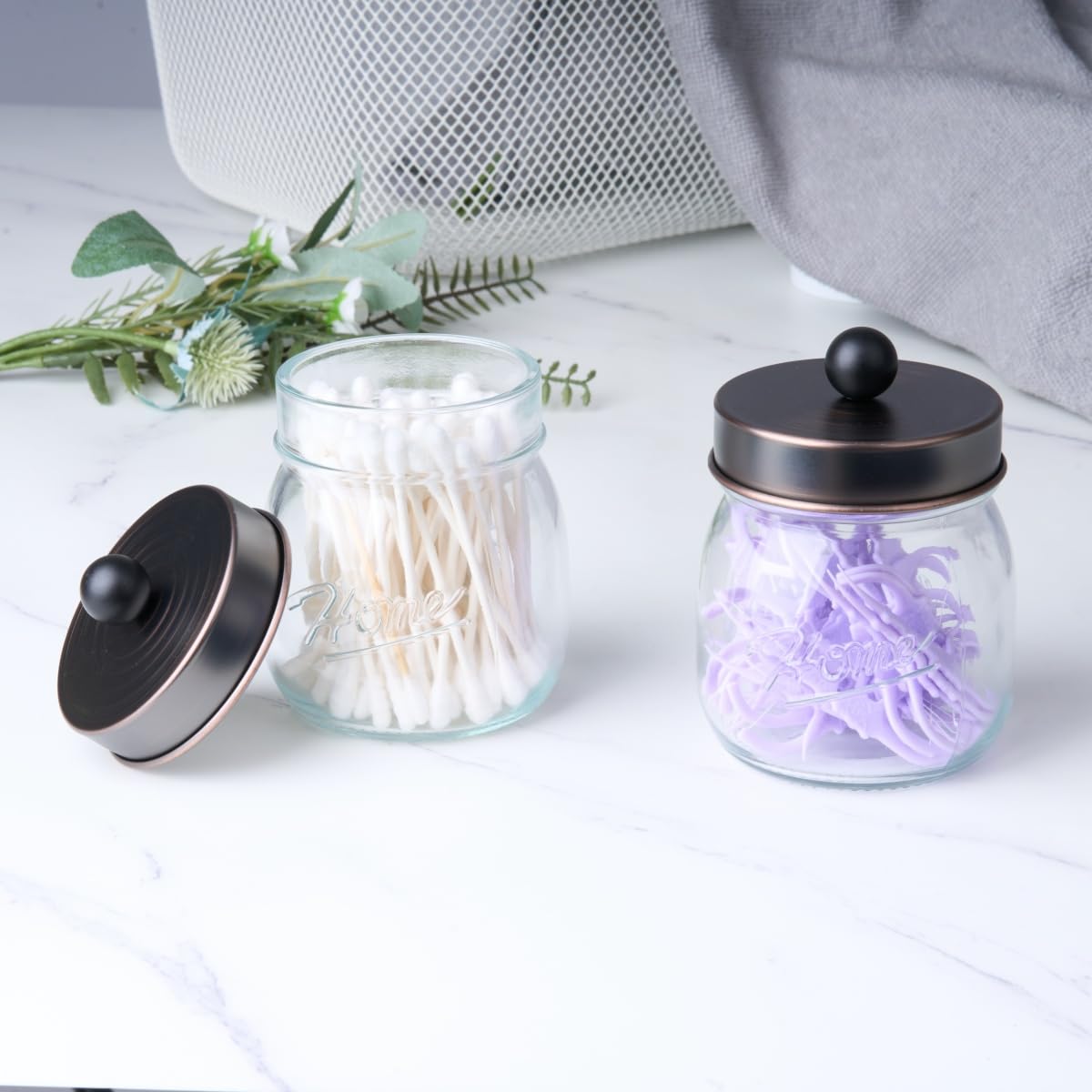 Mason Jar Qtip Holder Dispenser with Lid Glass Apothecary Jars Bathroom Canisters for Cotton Swabs Balls Pads Floss