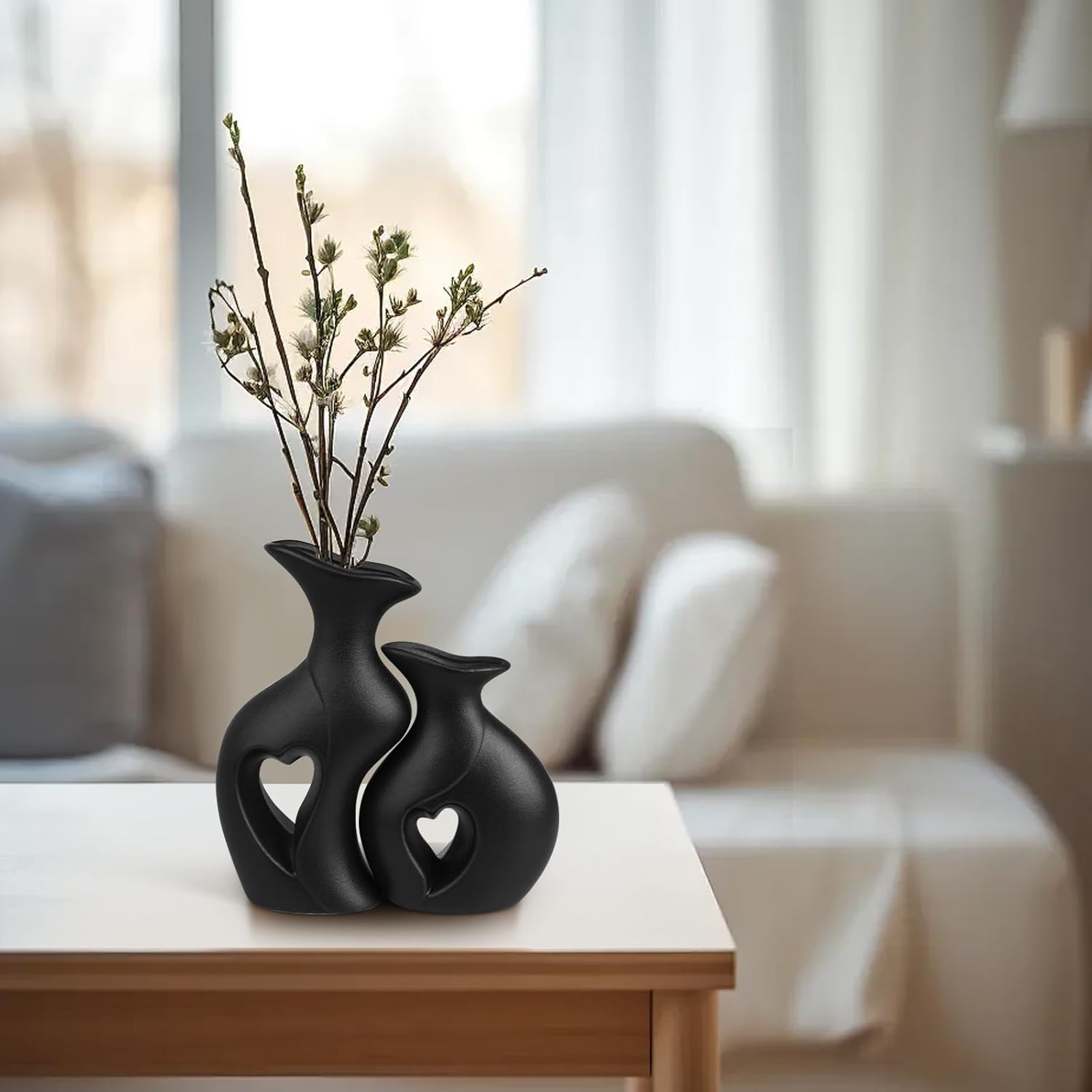 Heart Ceramic Vase Set of 2, Black Flower Vases for Lovers, Modern Minimalist Vases for Home Decor or Gift