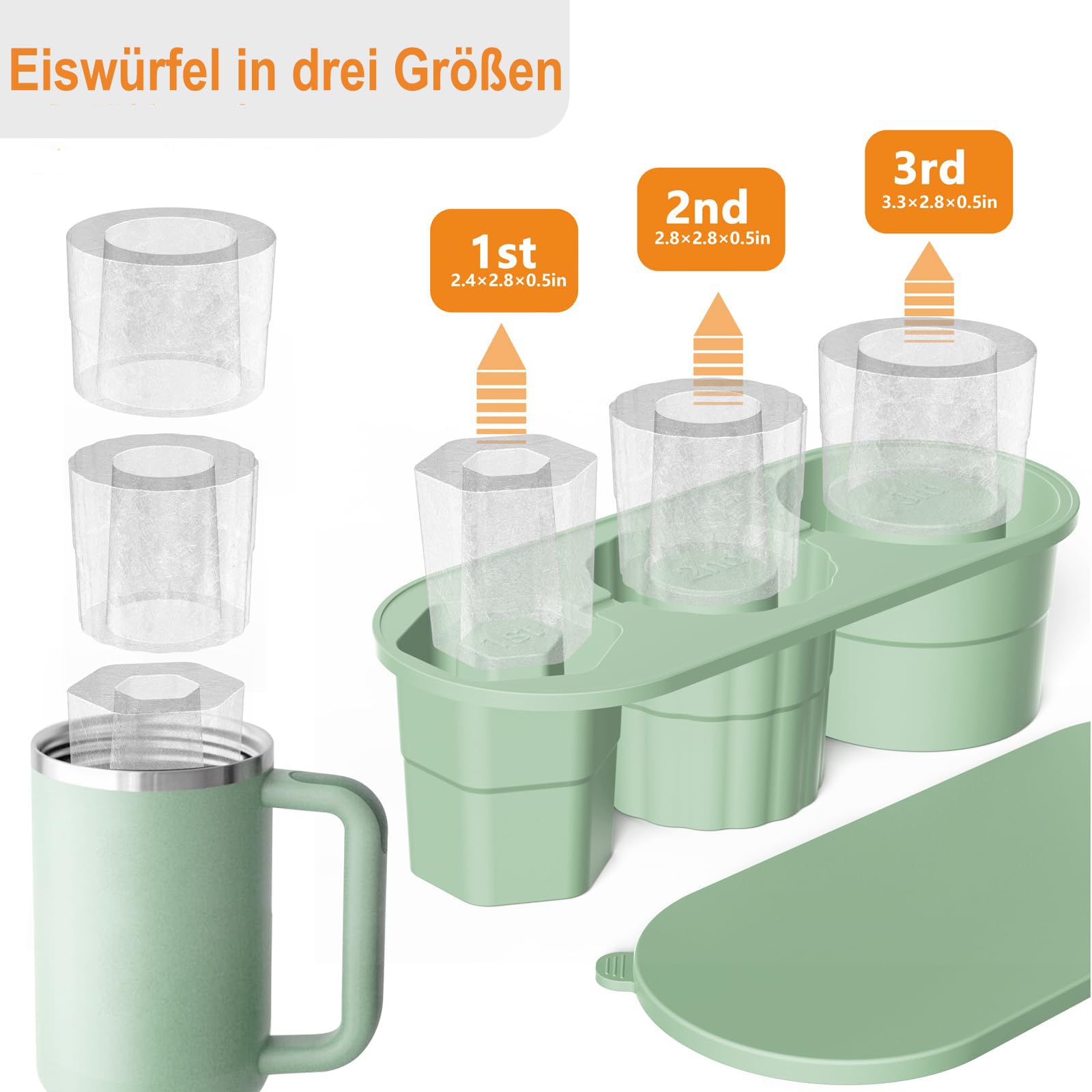 Sadodo Grande stampo pieghevole per cubetti di ghiaccio Stanley Cup 40 oz, 30 oz Tumbler, stampo in silicone con coperchio per la produzione di 3 misure cilindro cavo per Stanley Tumbler Cup