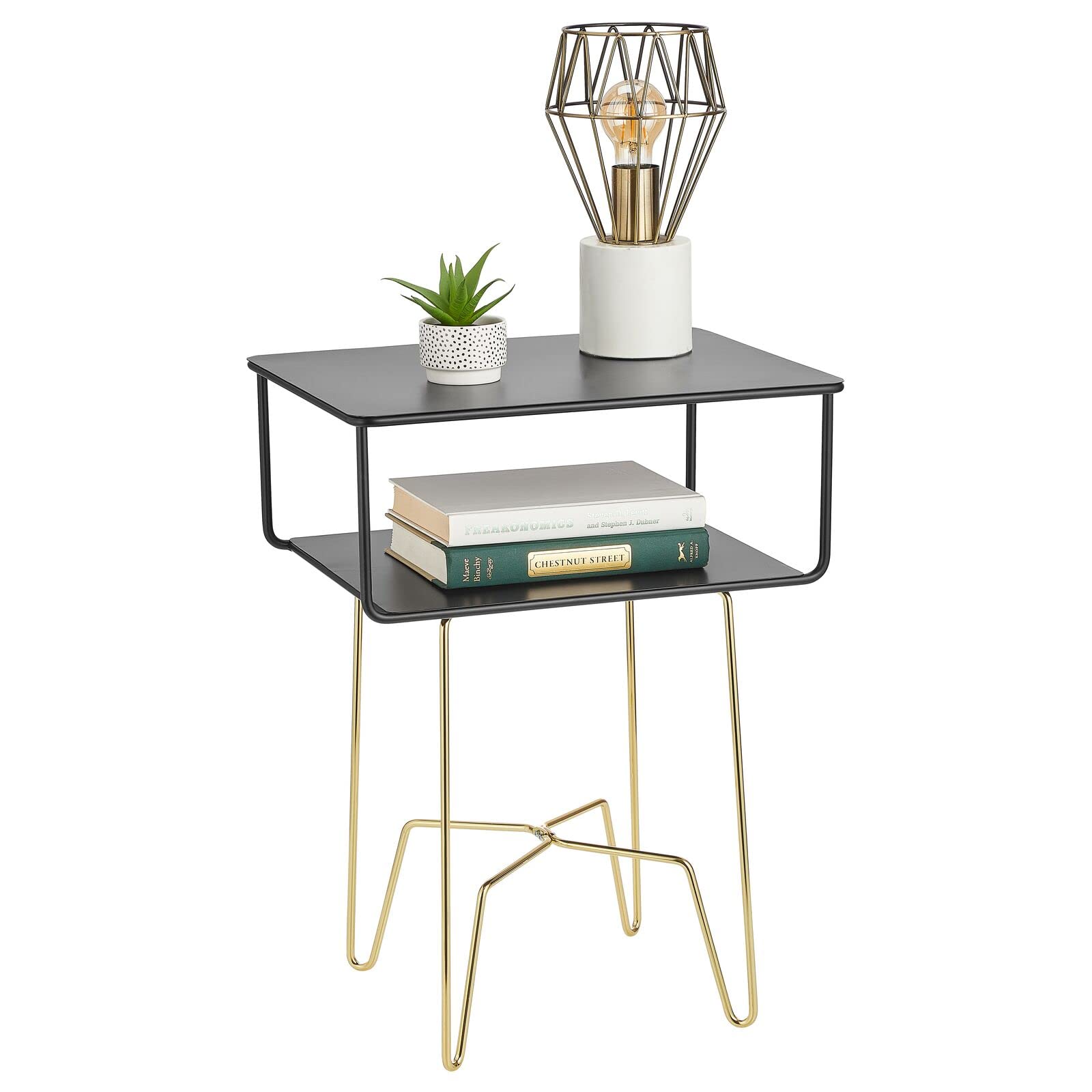 mDesign Steel Metal Modern Industrial Side/End Table Nightstand with 2-Tier Storage Shelf - Accent Furniture for Living Room, Bedroom, Office, Dorm Room - Citi Collection - Matte Black/Soft Brass