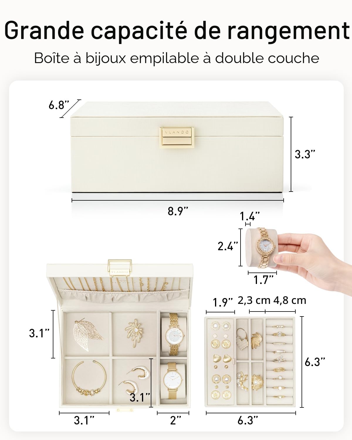 Vlando Boîte de rangement à bijoux en cuir à 2 niveaux avec coussins de montre pour femme et fille, organisateur de bijoux, idée cadeau