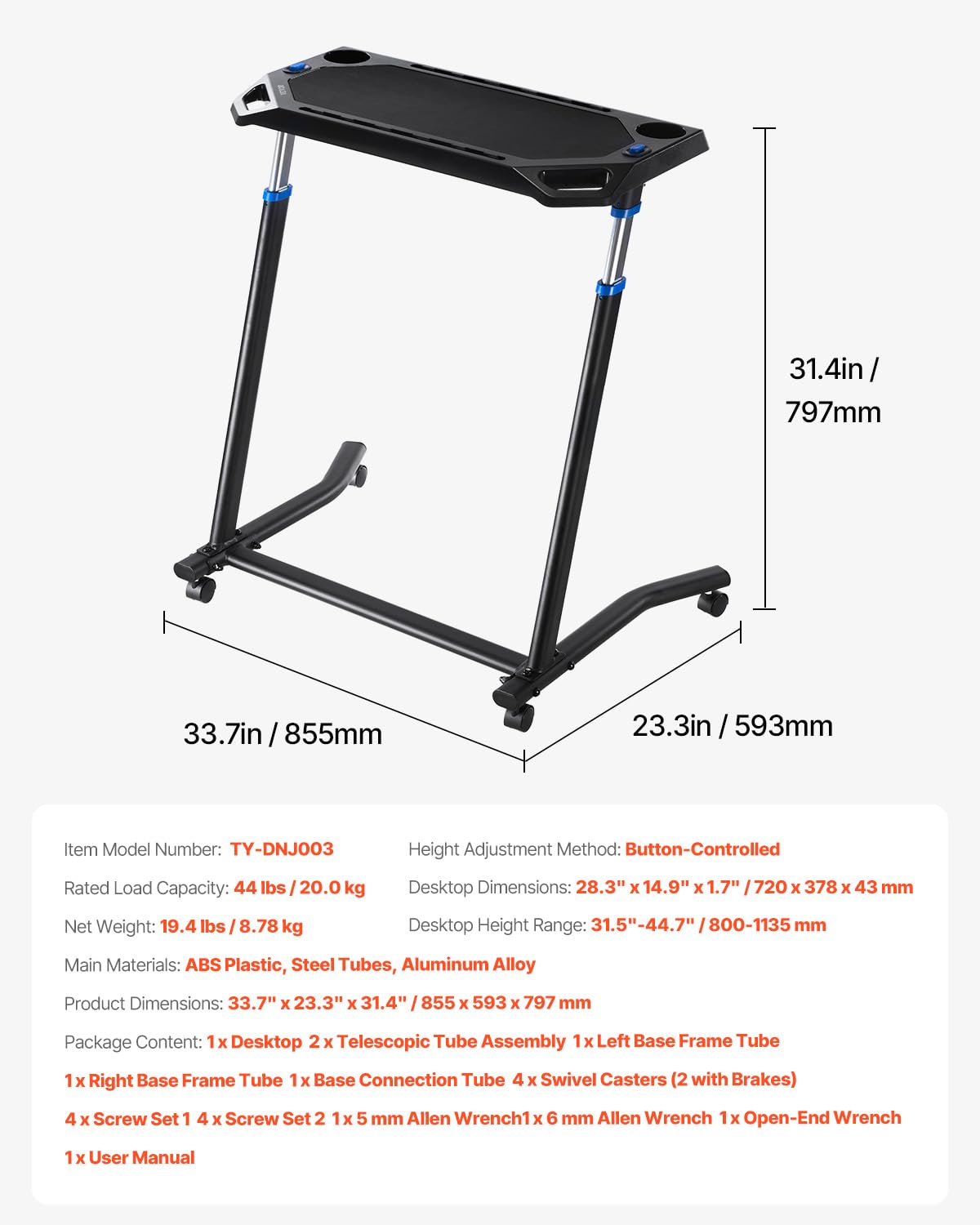 VEVOR Escritorio de ciclismo, ajustable para bicicleta y caminadora con soporte triangular, antideslizante con múltiples ranuras, escritorio de fitness con barra de asa, apto para ejercicio en casa y