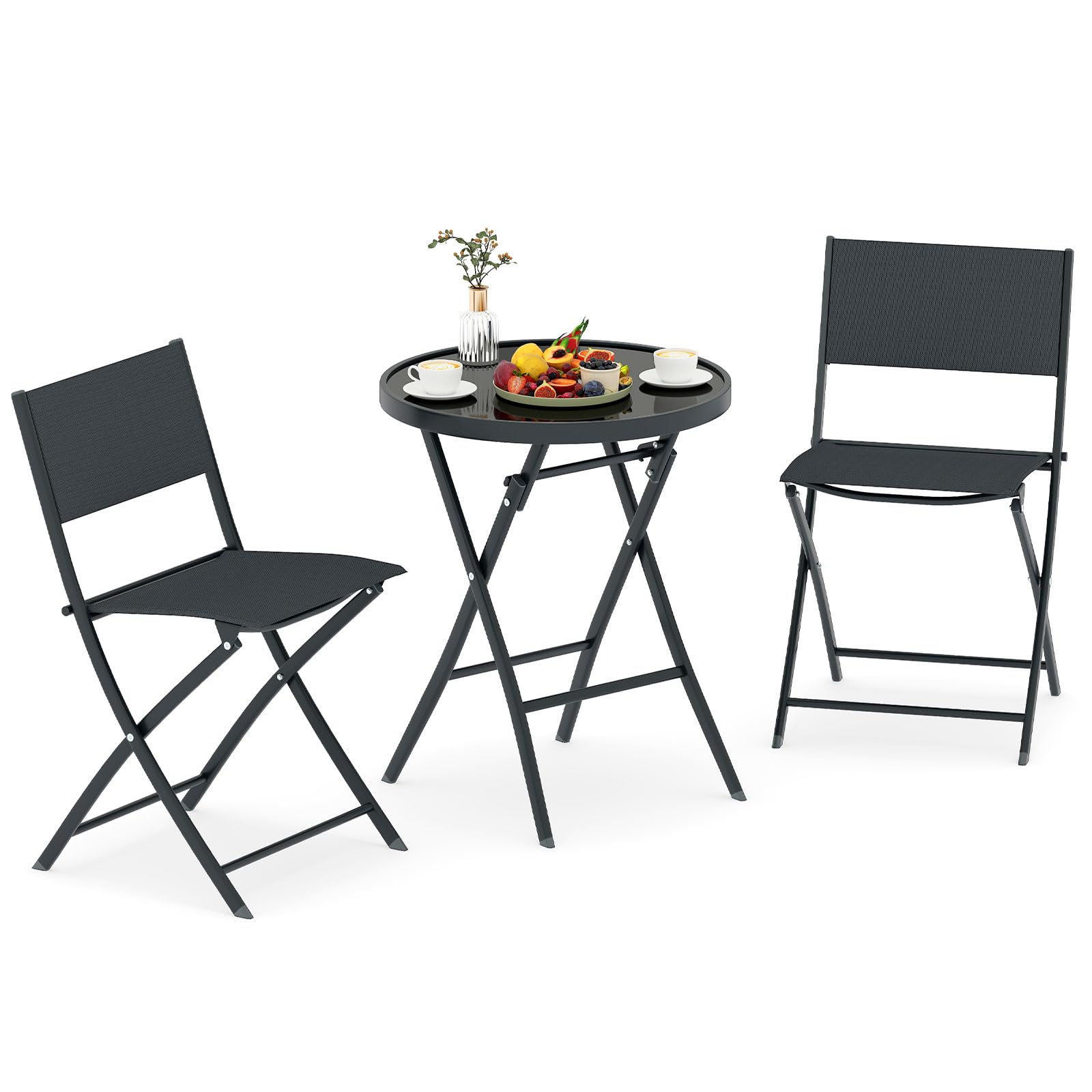 COSTWAY Set Tavolino e Sedie da Giardino Pieghevole, Set Bistro 3 Pezzi, Tavolino con Piano in Vetro Temperato e Metallo, Sedie con Tessuto Textilene Impermeabile, per Balcone, Patio, Piscina