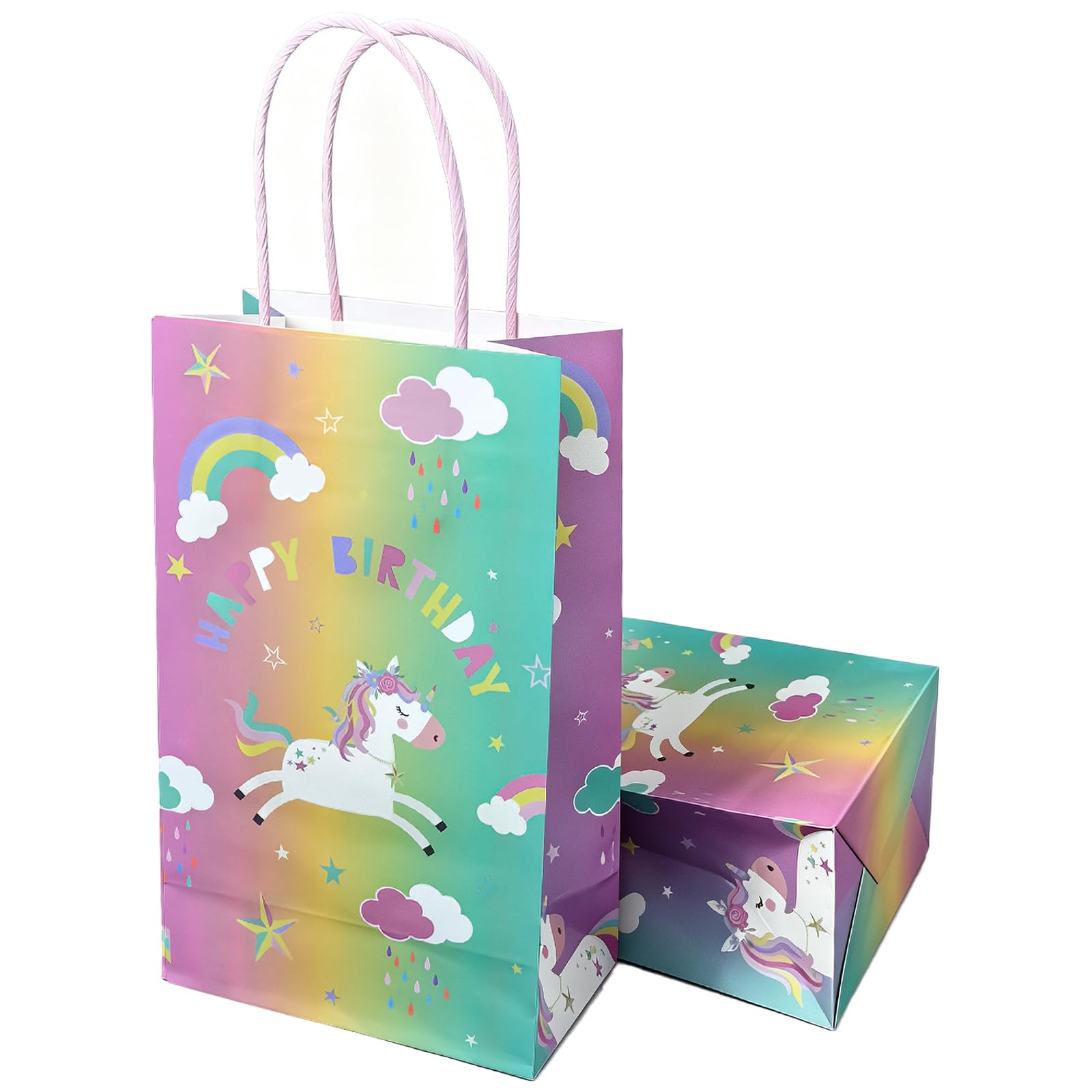 Unicorn Birthday Paper Bags Pack 0f 24 Rainbow colors Small Gift Bags with Handle, 23 x 14 x 7.5 cm