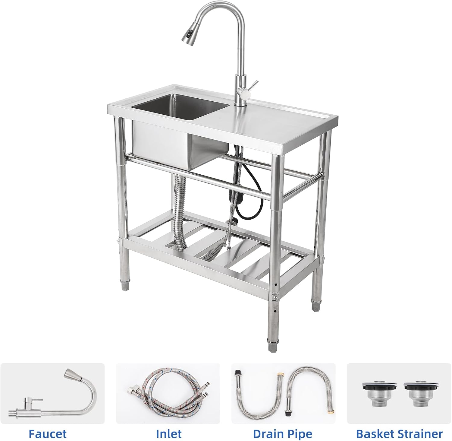 stainless steel sink,free standing sink With Pull-Out Faucet,Adjustable Support Feet,Certified by NSF,single bowl kitchen sinks With Hot & Cold Hoses 30 * 16 * 30inch, slivery