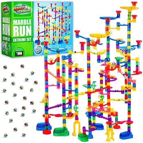 Marble Genius Marble Run (300 Complete Pieces) Maze Track or Race Game for Adults, Teens, Toddlers, or Kids Aged 4-8 Years Old, (118 Translucent Marbulous Pieces + 119 Glass-Marble Set), Extreme Set