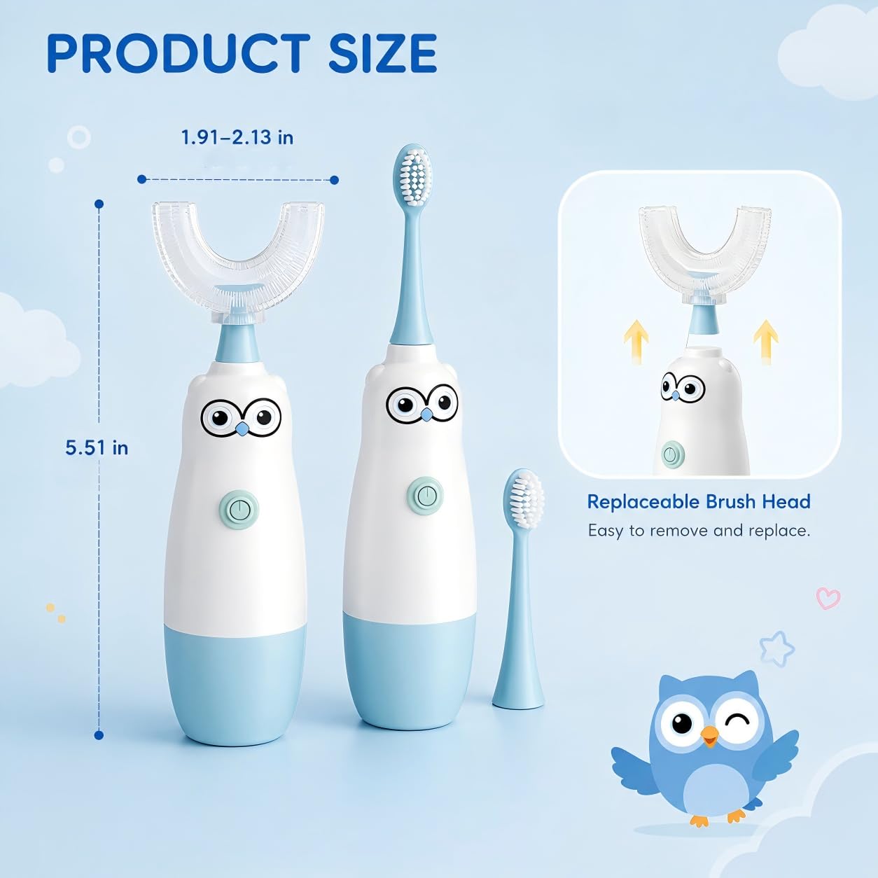Cepillo de dientes eléctrico para niños, cepillo de dientes en forma de U con 3 cabezales, diseño de limpieza de boca completa de dibujos animados de búho, IPX7 impermeable, relleno de