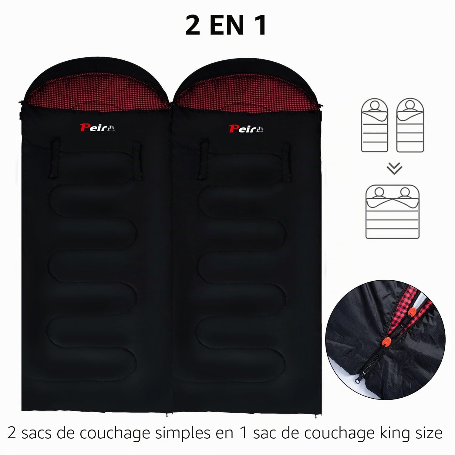 Sacs de couchage pour adultes – Sac de couchage rectangulaire extra large 3 saisons avec oreiller et sac de transport, 300 g/m² en coton imperméable, sac de couchage de camping pour intérieur