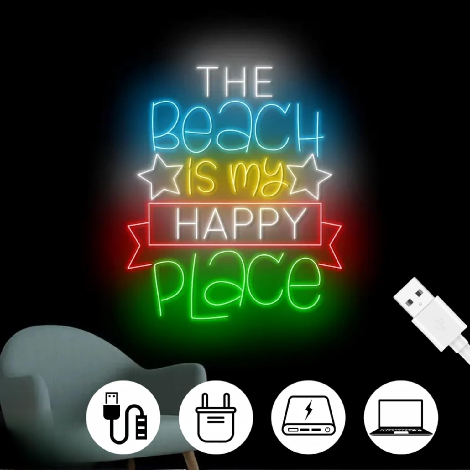 The Beach Is My Happy Place Neon Sign, Ocean Lover Led Sign, Quote Led Light, Ocean Neon Light, Ocean Beach Home Wall Decor for Hawaii Shop Neon Light for Bar Bedroom Cafe Tiki Bar Party Decoration