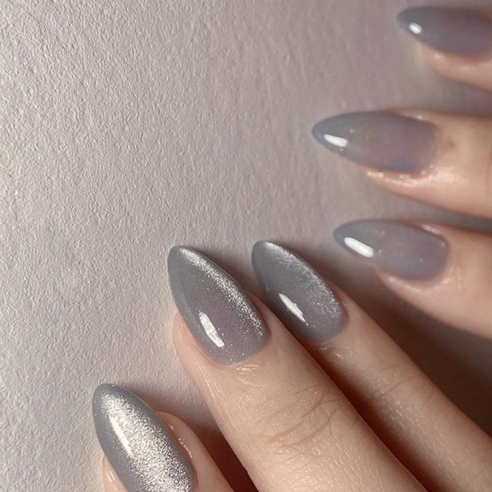 Secret Lives Cats Eye Reusable Artificial Grey Color Almond Shape Design Long Lasting Fake Press on Nails 24 Pieces Set with Kit