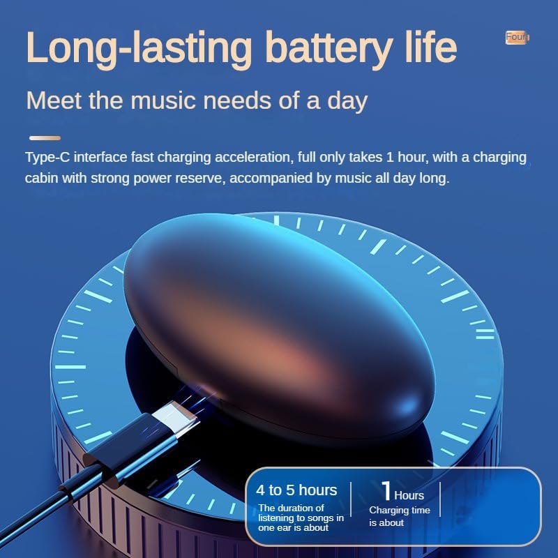 Earbud charging in case with text indicating long-lasting battery life and charging time
