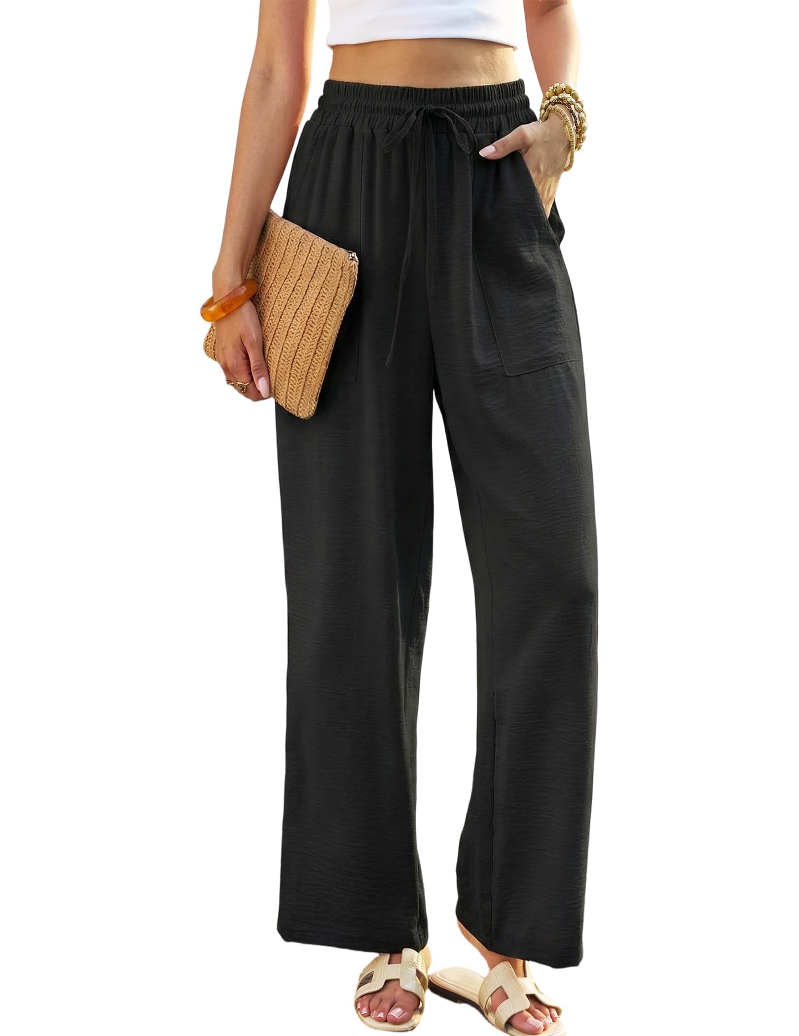 Womens Wide Leg Pants Flowy High Waist Palazzo Drawstring Trousers with Pockets Summer Beach Vacation Clothes
