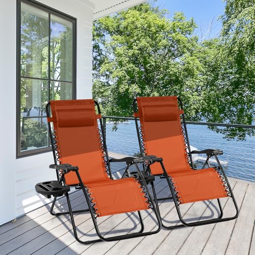 Image of Giantex 2 PCS Zero Gravity Chair, Outdoor Chaise Lounge with Cup Holder, Patio Folding Chairs Recliner for Yard Pool Lawn Balcony, Orange