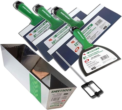 USG Sheetrock Pro Series - Cuchillo de acero azul con cinta para paneles de yeso con mango estilo matriz (4 piezas con bandeja de barro de 12