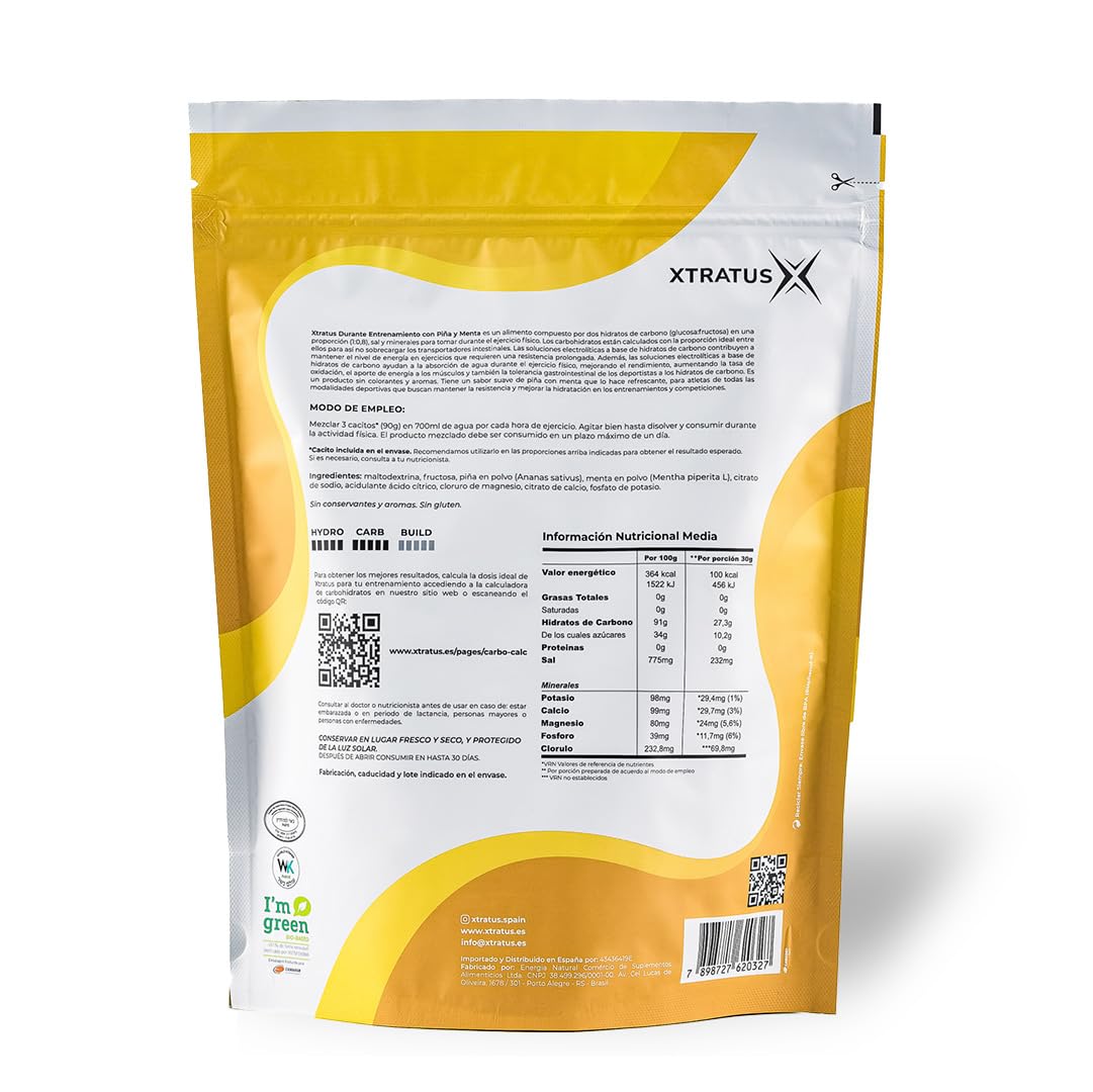Bebida Deportiva De Carbohidratos Rápida Absorción Mezcla 1-0,8 Y Electrolitos Con Piña Menta Naturales Sin Aditivos Para Hidratación Energía Máxima XTRATUS
